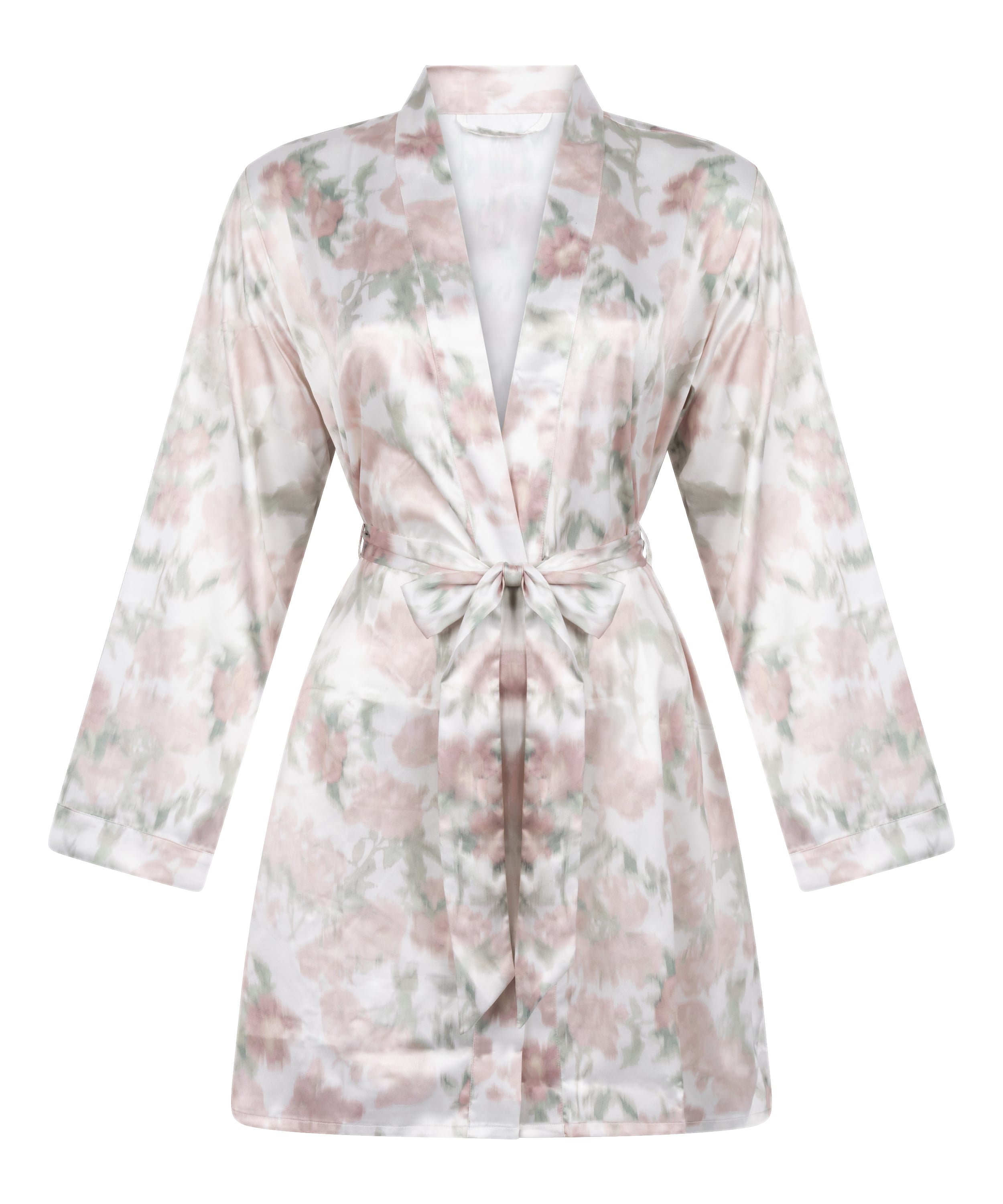 Satynowe Kimono w Kwiatowy Wz&oacute;r, Biały, main
