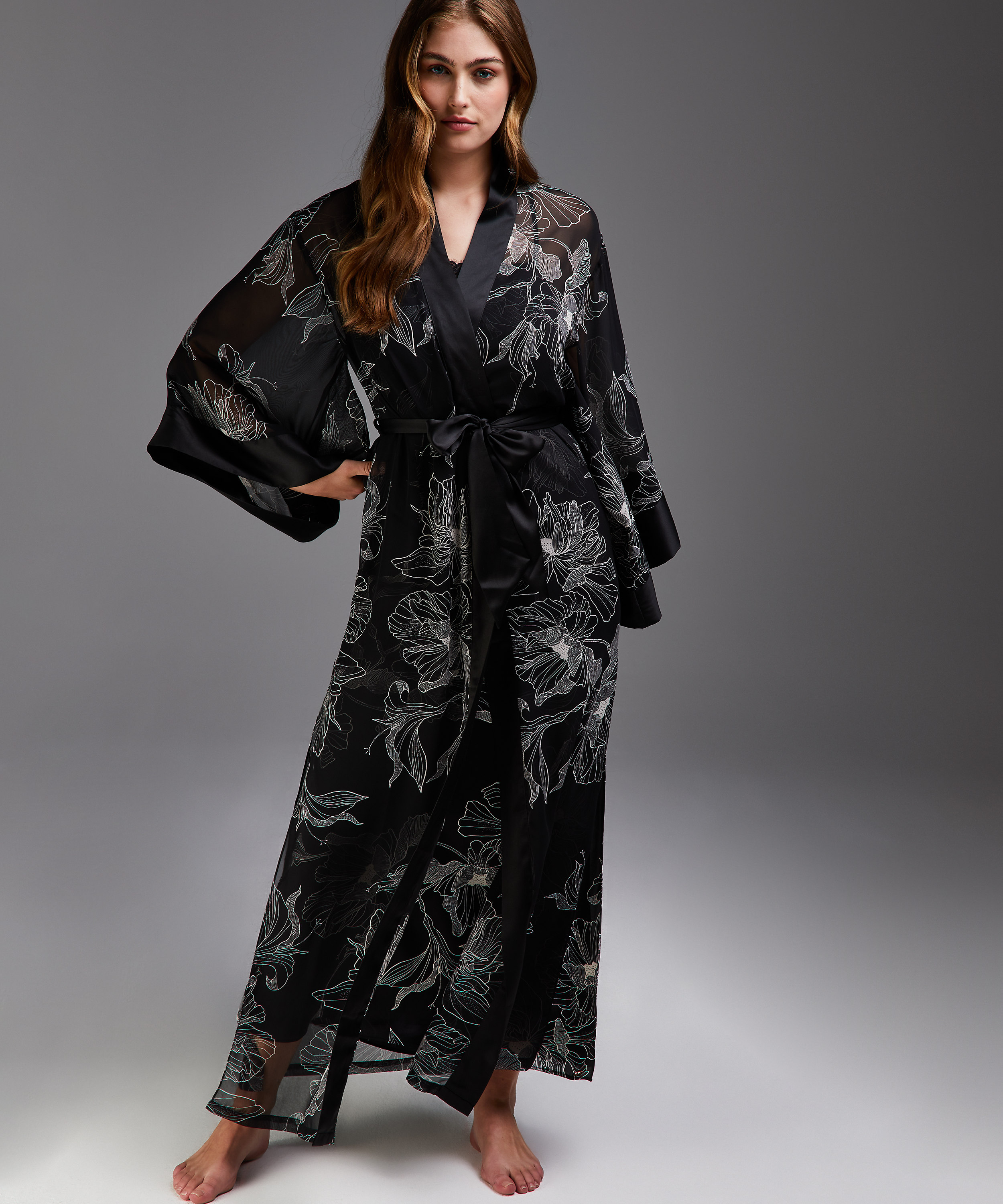 Lotus long chiffon kimono, Czarny, main