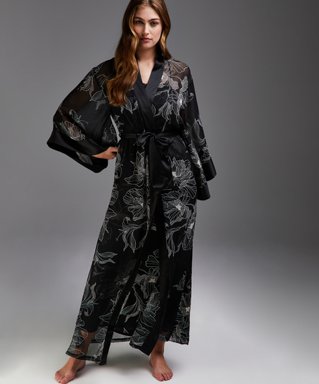 Lotus long chiffon kimono, Czarny