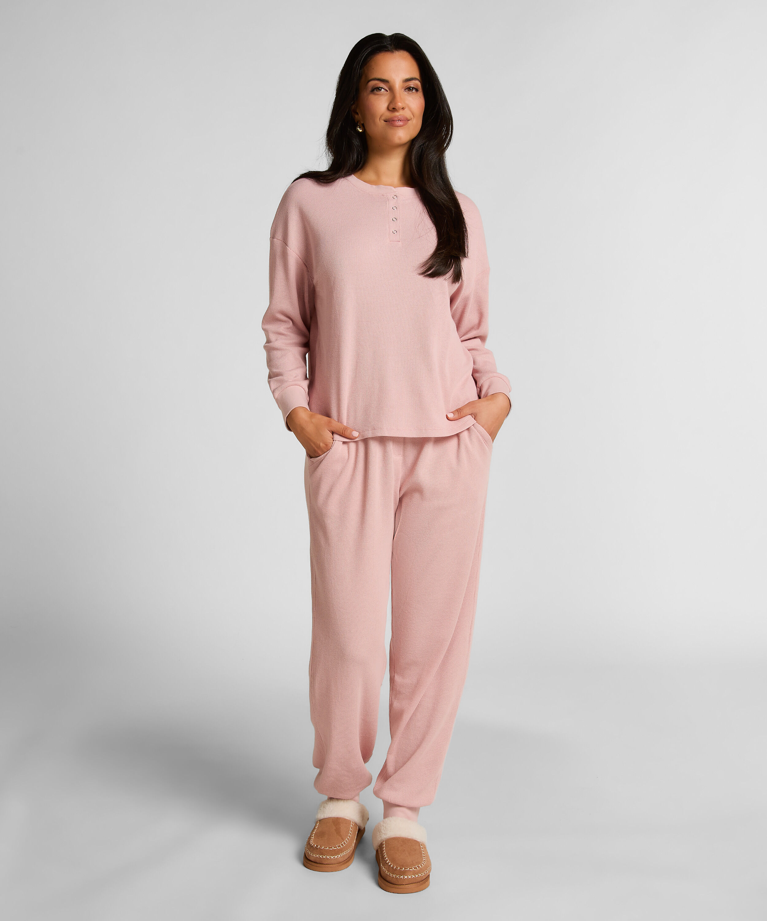 Top z tkaniny wafel Henley, R&oacute;żowy