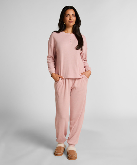 Top z tkaniny wafel Henley, R&oacute;żowy
