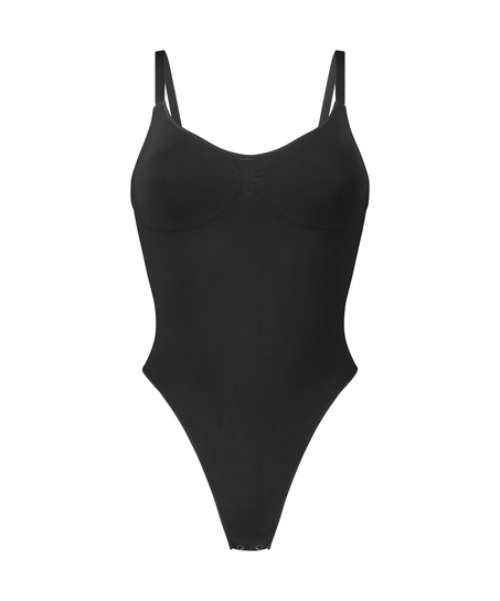 Bezszwowe wzmacniające body z wysokimi wycięciami, Czarny