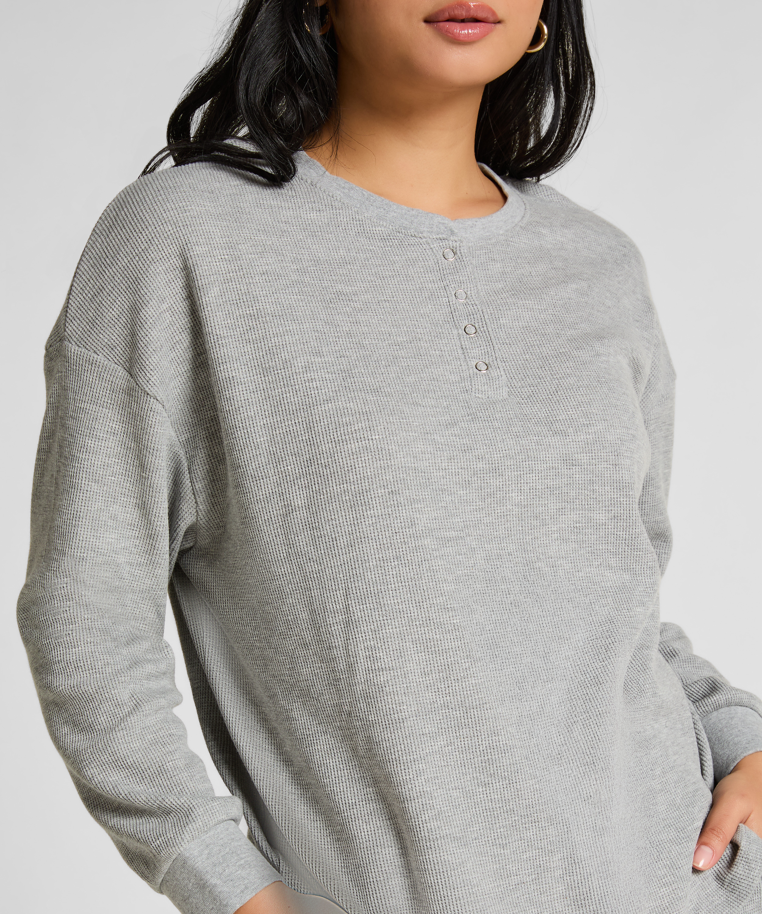 Top z tkaniny wafel Henley, Szary, main