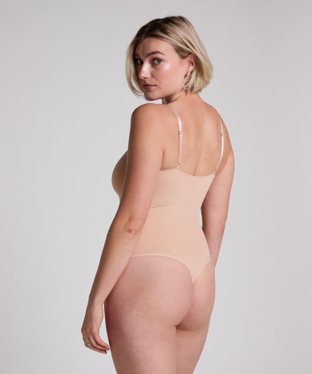 Bezszwowe wzmacniające body z wysokimi wycięciami, Beżowy