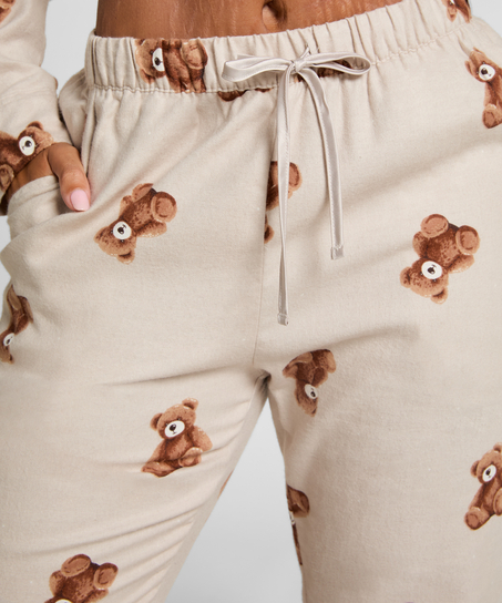 Proste spodnie flanelowe ze wzorem misia, Beżowy