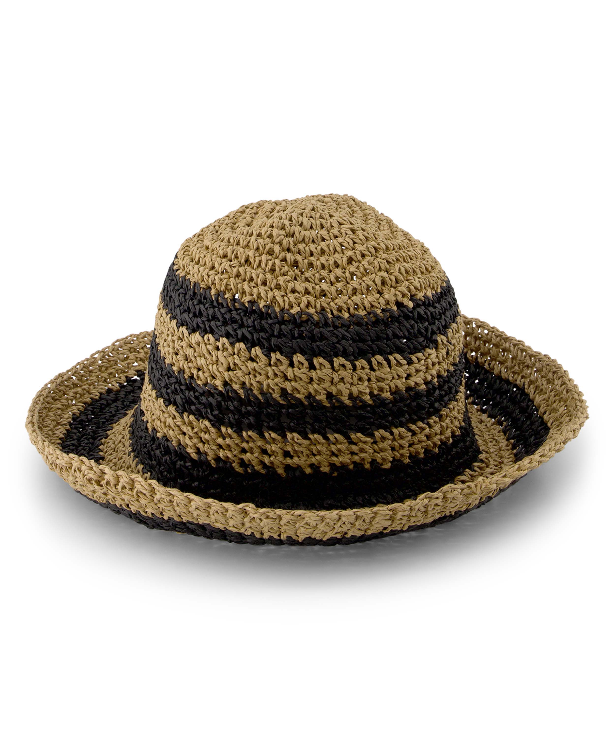 Słomkowy kapelusz typu bucket w paski, Czarny, main