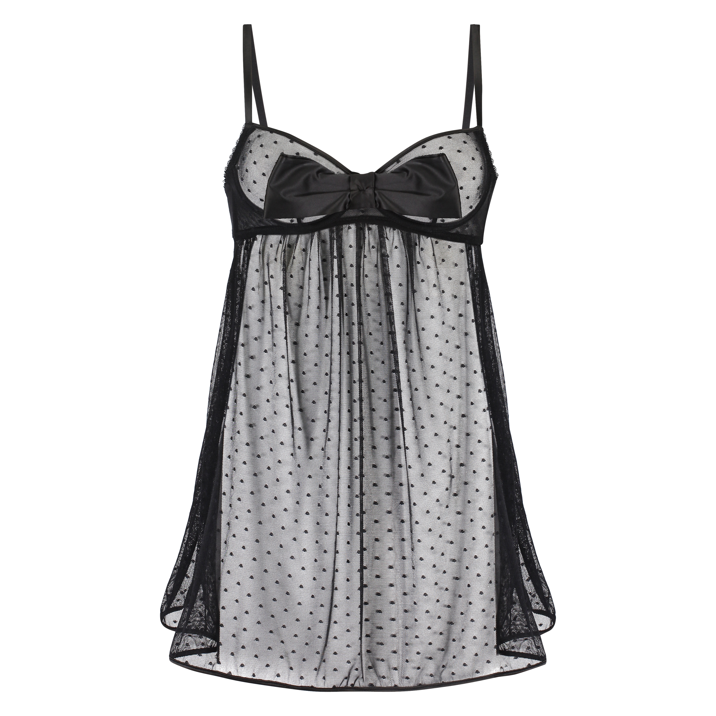 Bow Dotted Mesh Underwired Slip Dress, Czarny, main