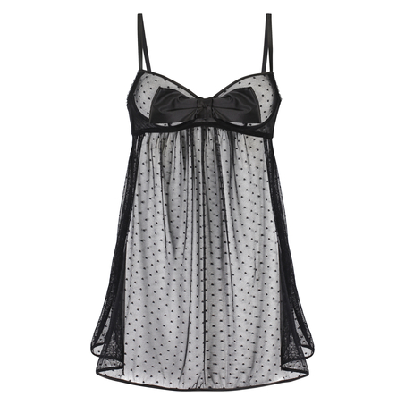Bow Dotted Mesh Underwired Slip Dress, Czarny