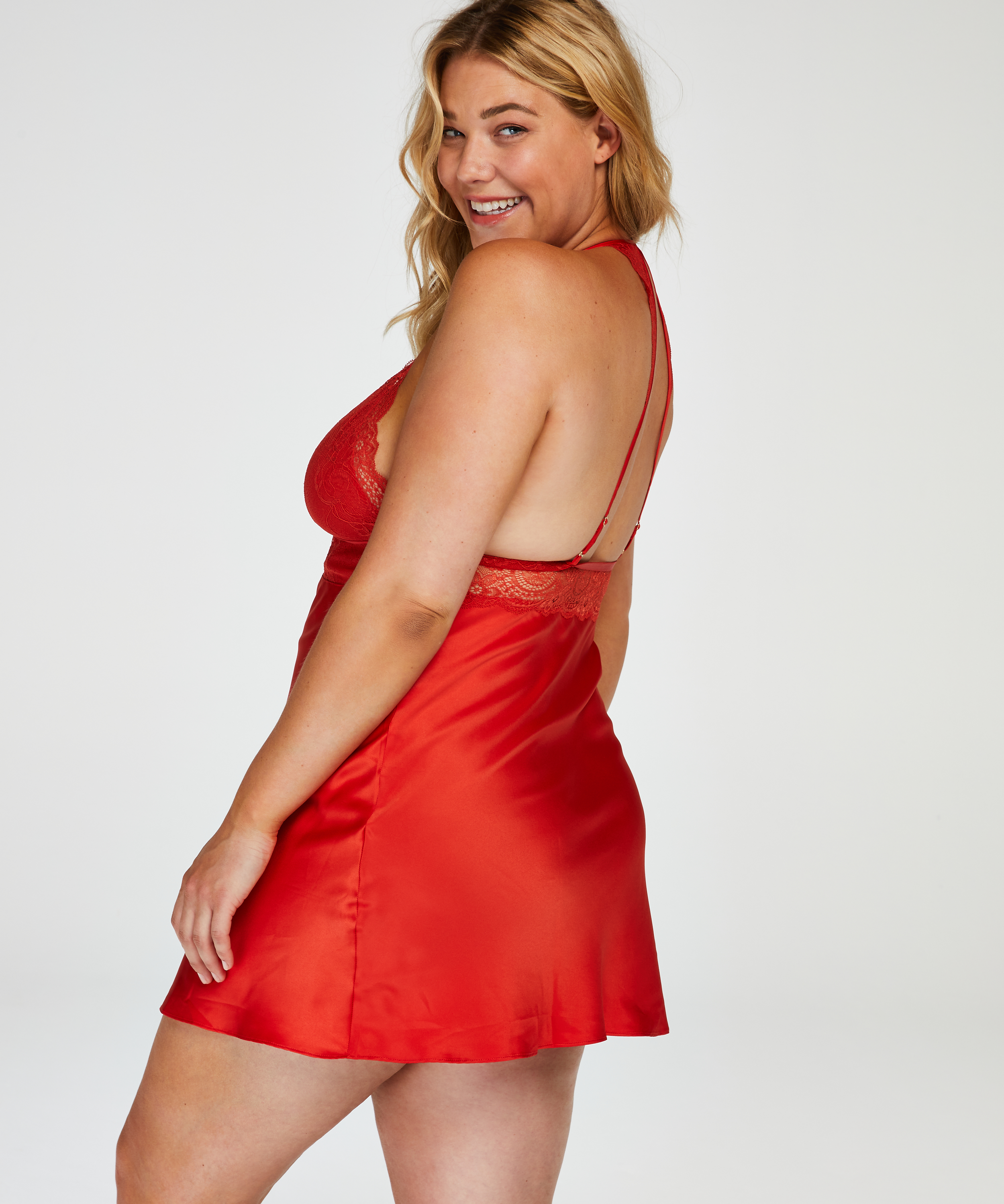 Satin lace slip dress, Czerwony, main