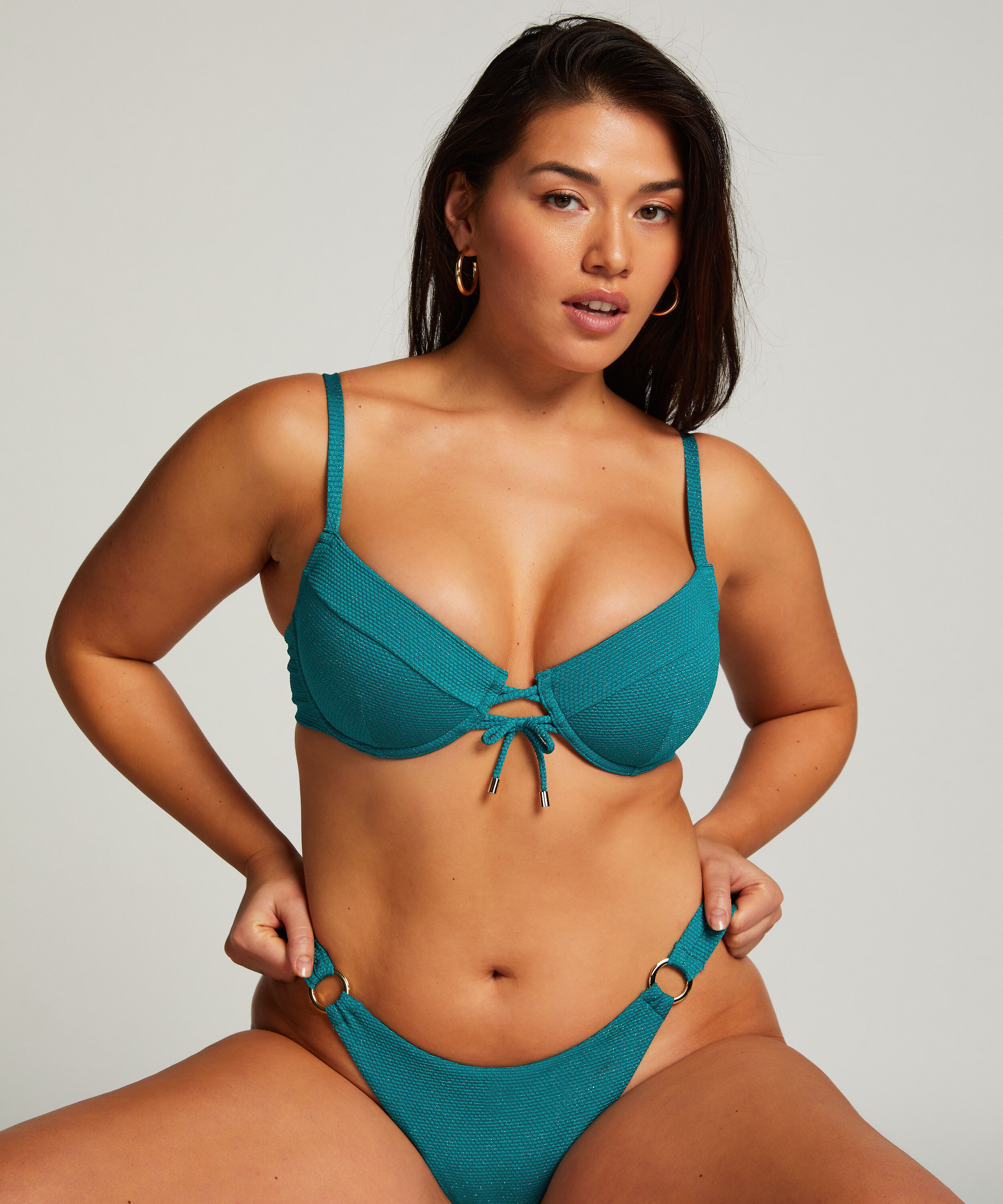 Majtki Bikini Wysoko Krojona Relief, Zielony
