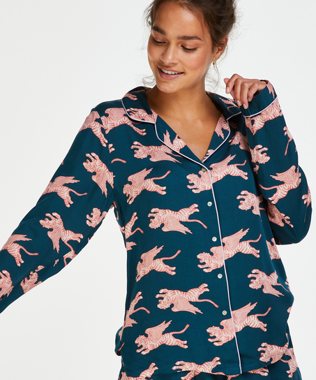 Woven Pyjama Jacket Long Sleeves, Niebieski