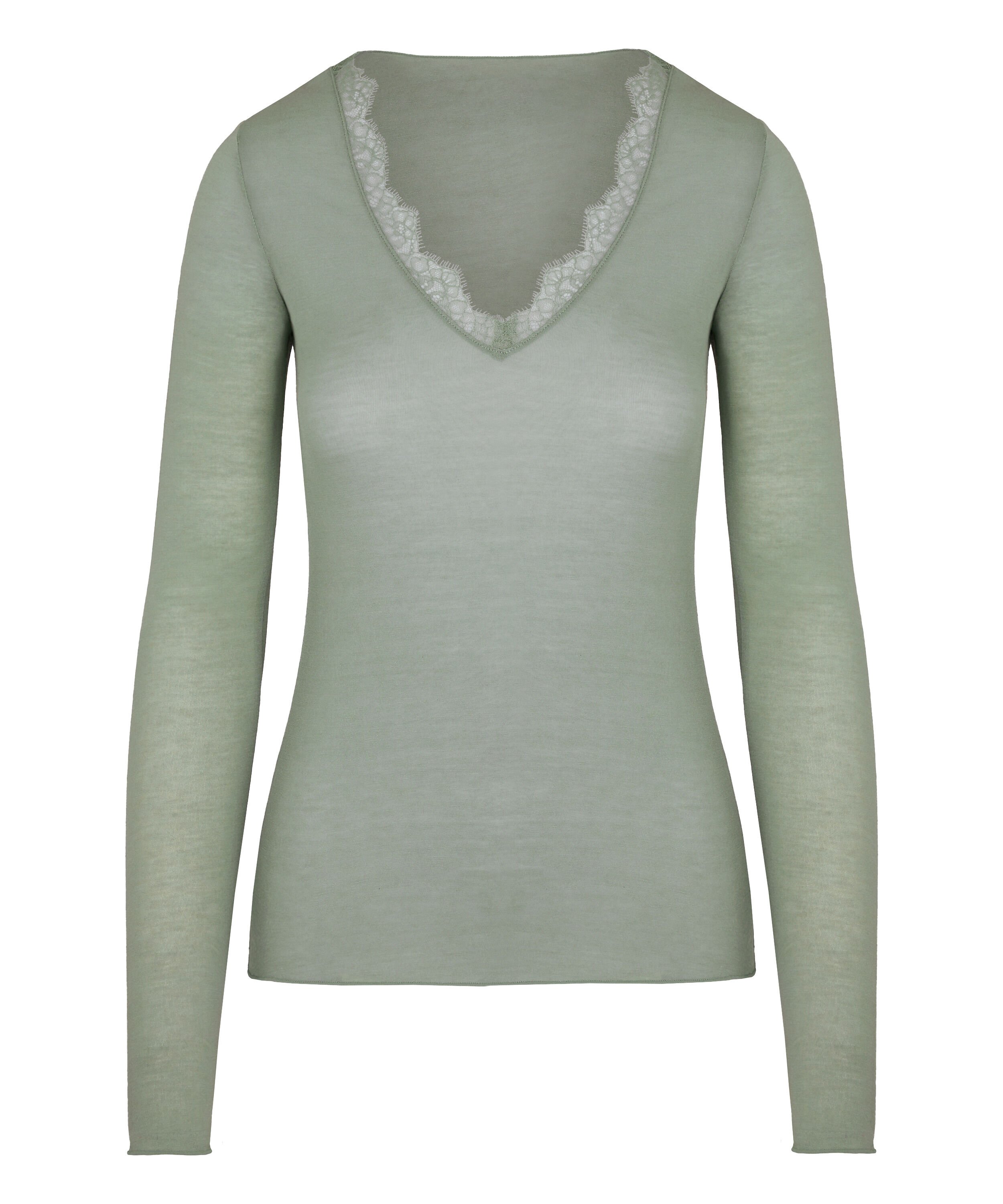 Super miękka koszulka z koronką i dekoltem w serek z dodatkiem kaszmiru, Zielony