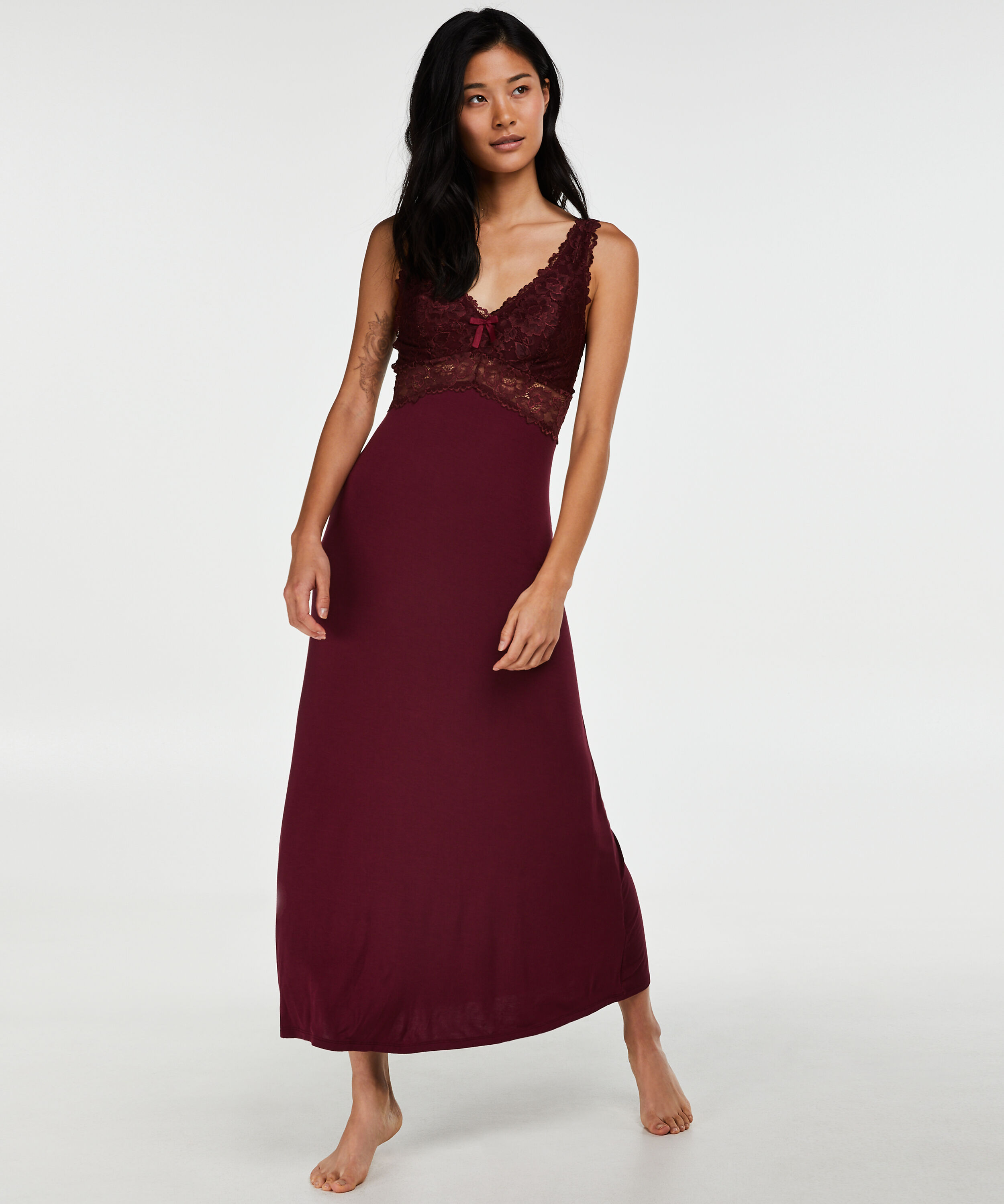 Long slip dress Modal lace, Czerwony