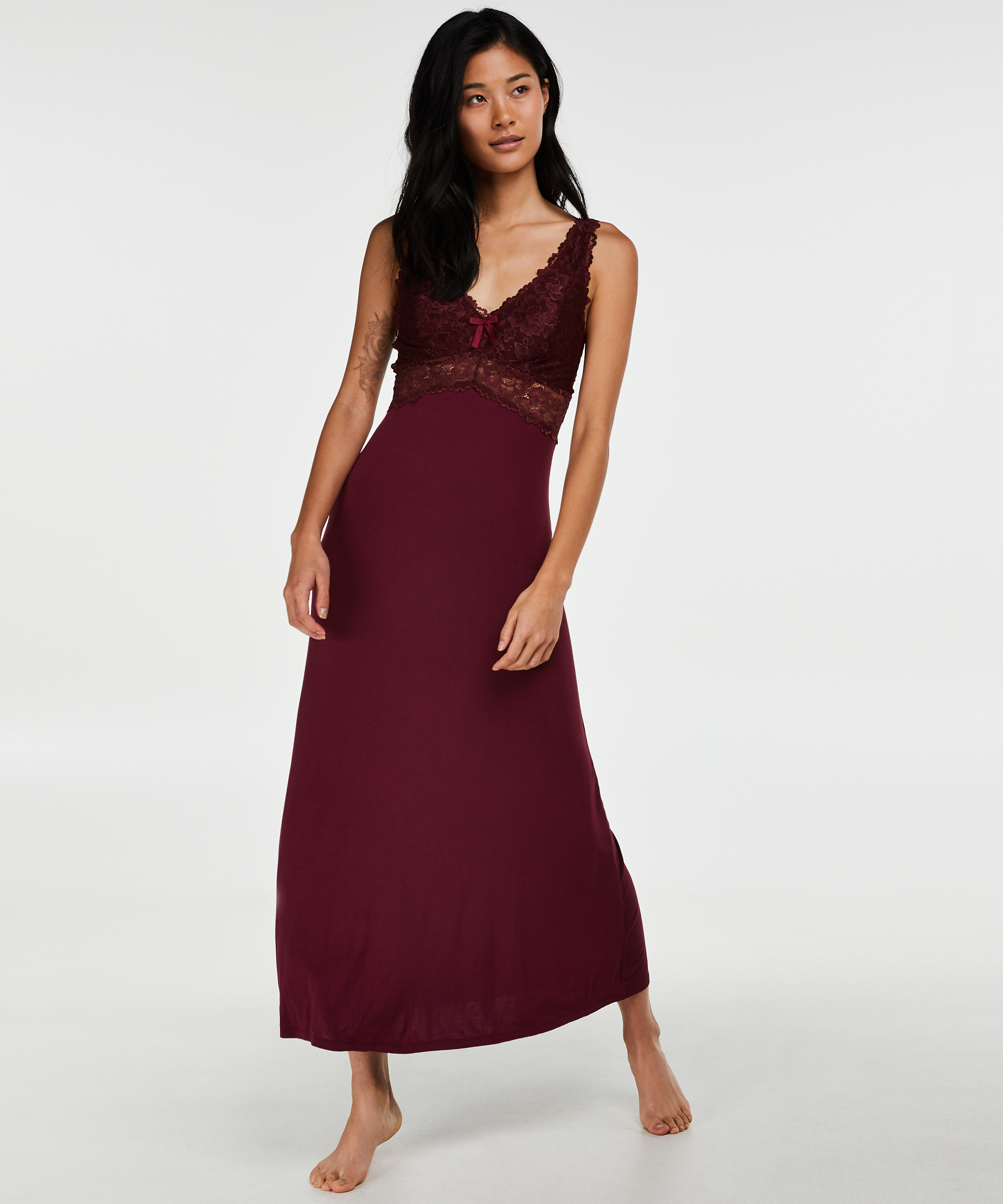 Long slip dress Modal lace, Czerwony, main