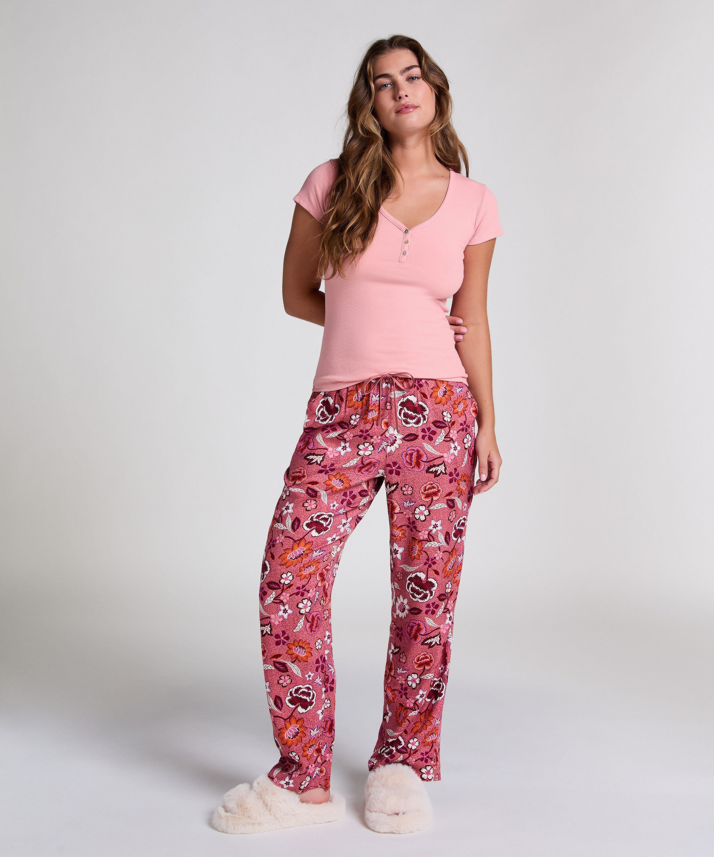 Bluza piżamowa Henley z kr&oacute;tkim rękawem, R&oacute;żowy