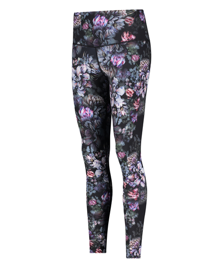 HKMX High Waisted Flower Sports Leggings, Czarny