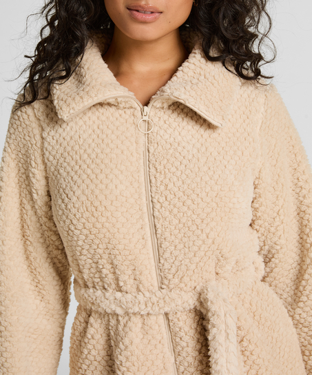 Szlafrok z polaru zapinany na zamek błyskawiczny, Biały