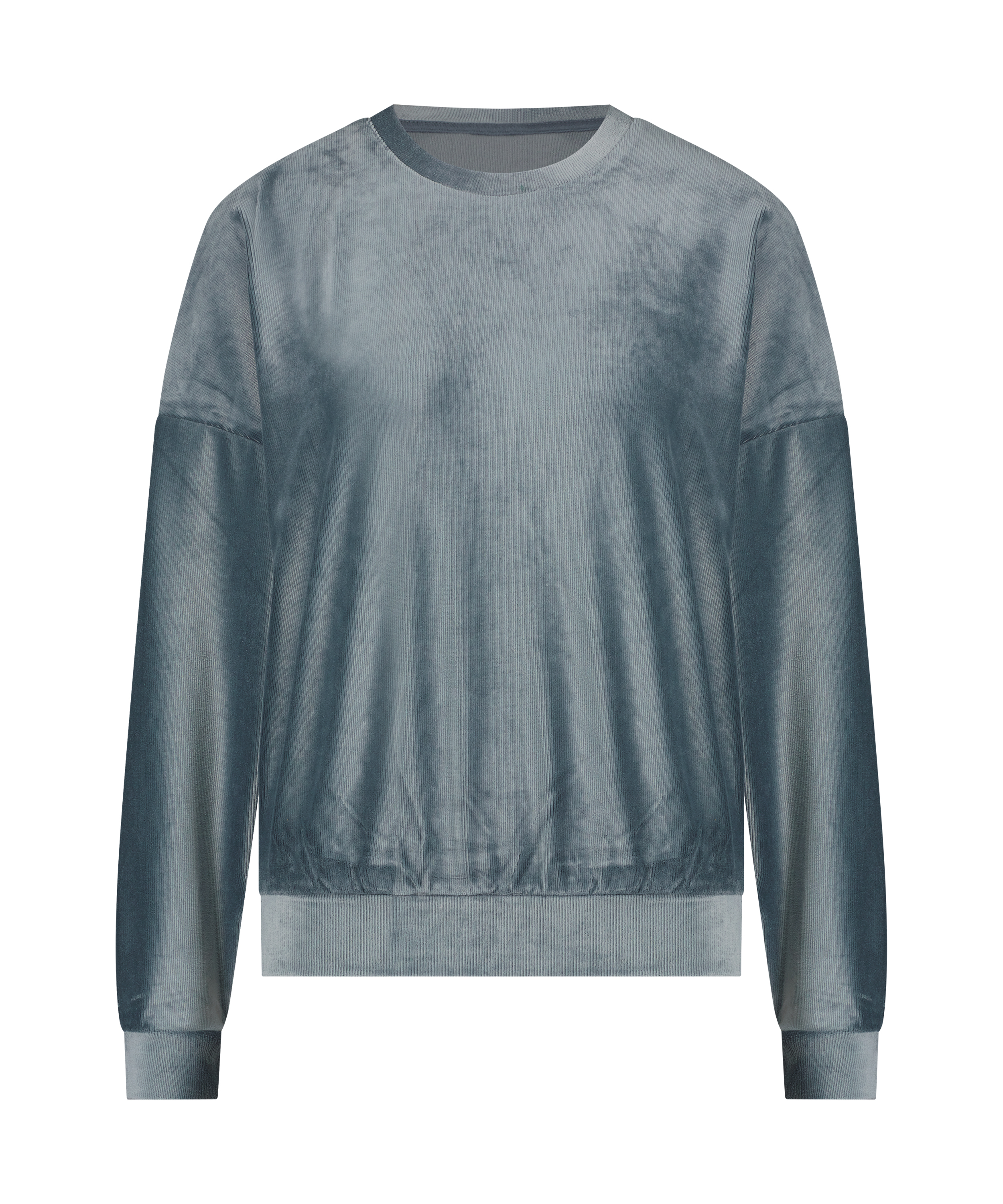 Welurowy top z długim rękawem z prążkowanego materiału, Niebieski, main