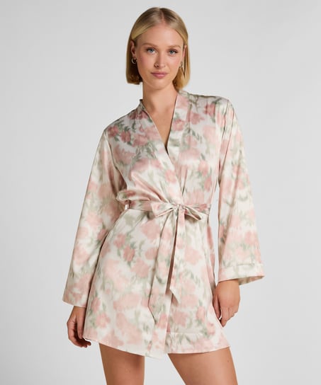 Satynowe Kimono w Kwiatowy Wz&oacute;r, Biały