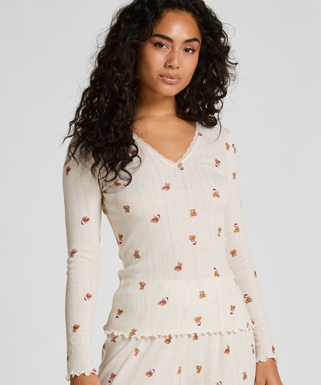 Góra od piżamy z długim rękawem Pointelle, Biały