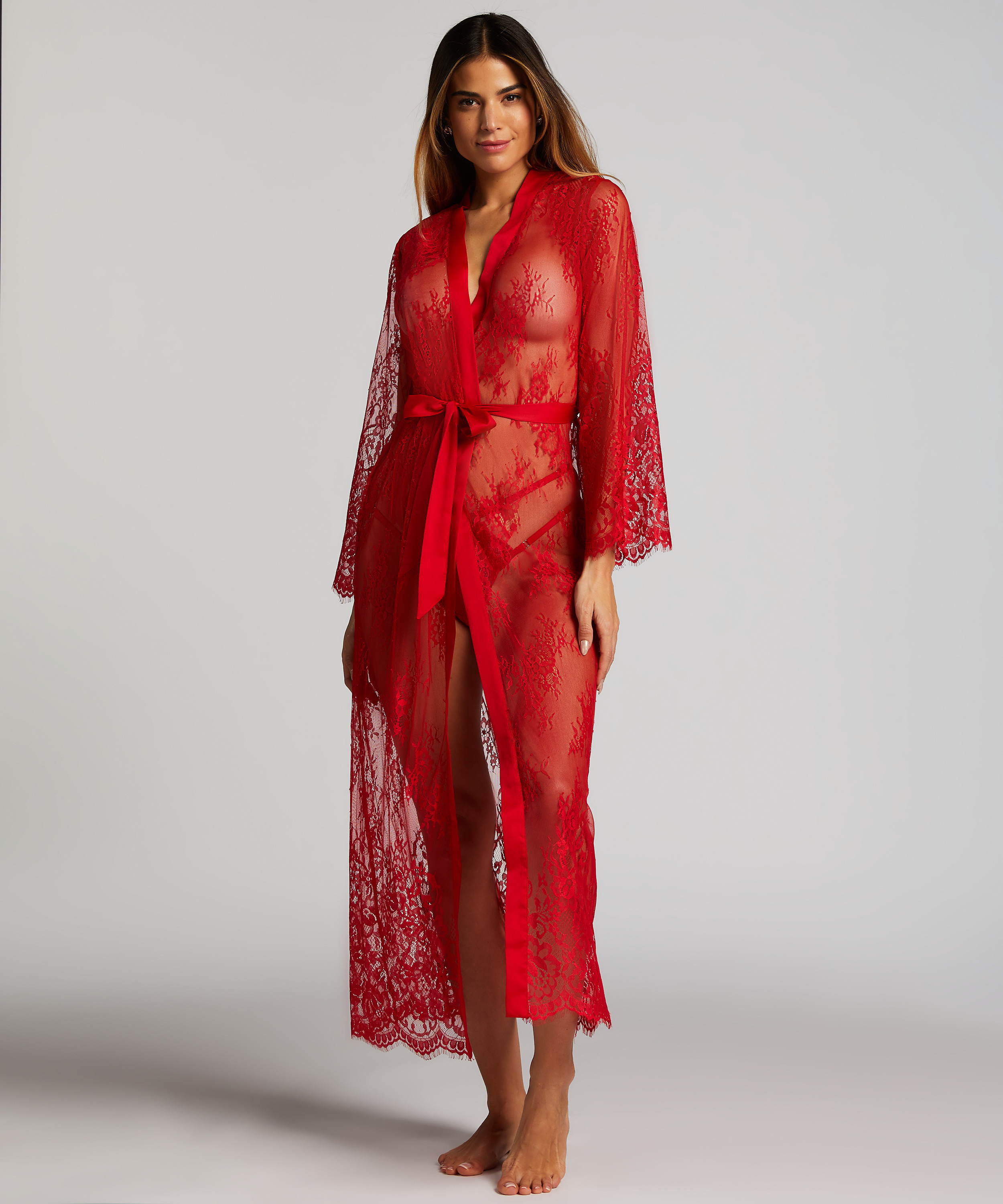 Długie kimono z koronką, Czerwony, main