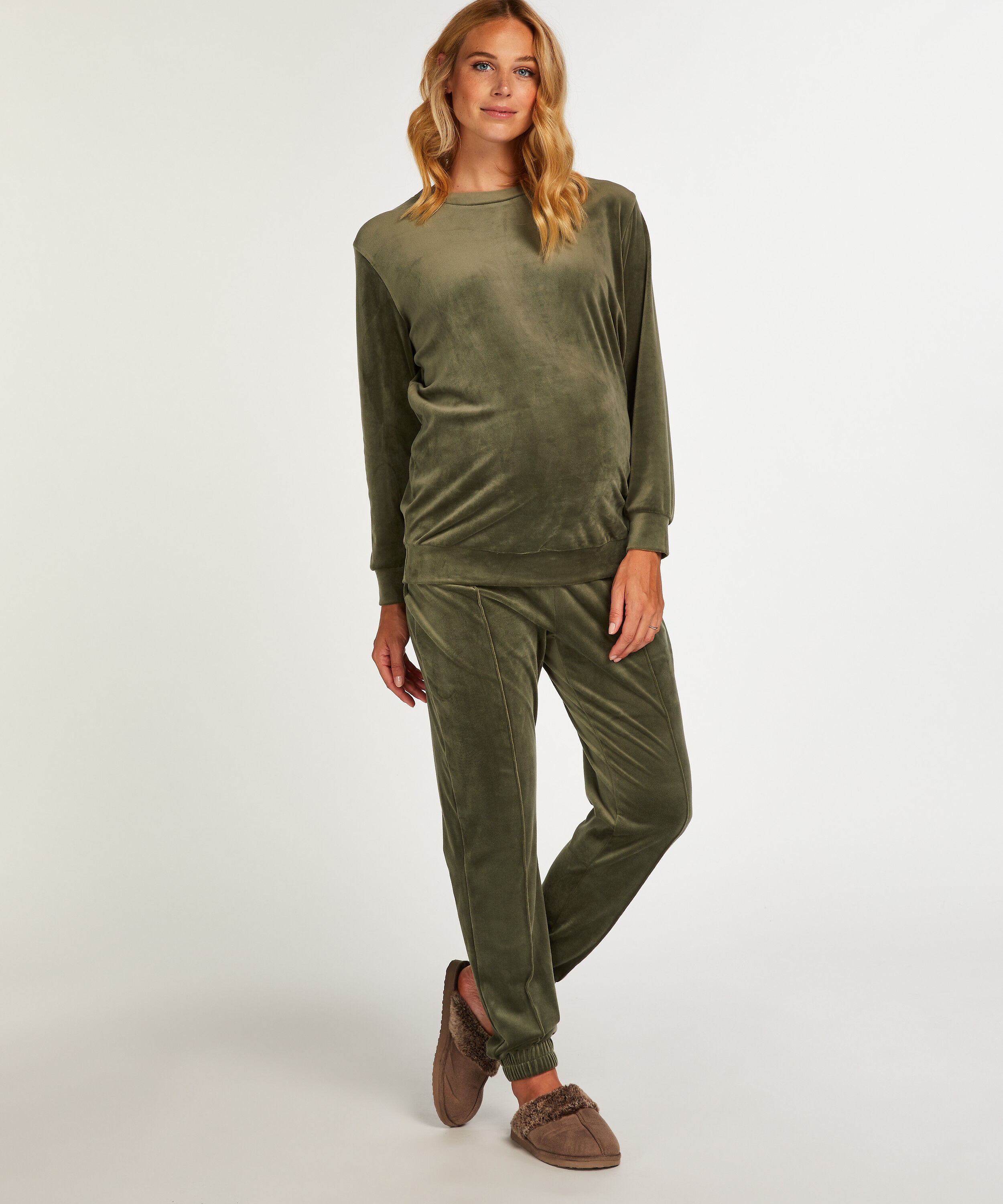 Ciążowe, welurowe spodnie do joggingu Pintuck, Zielony