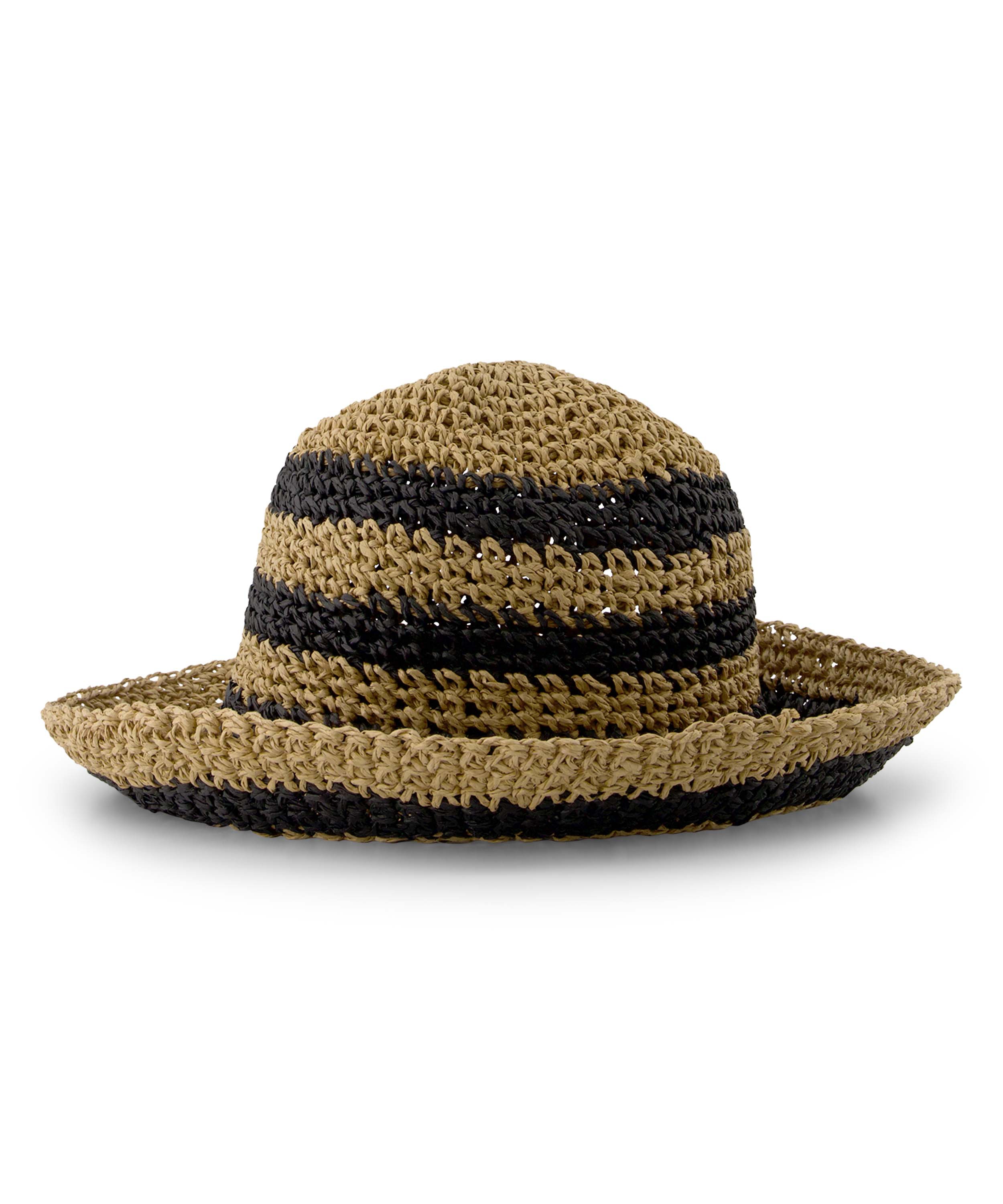 Słomkowy kapelusz typu bucket w paski, Czarny, main