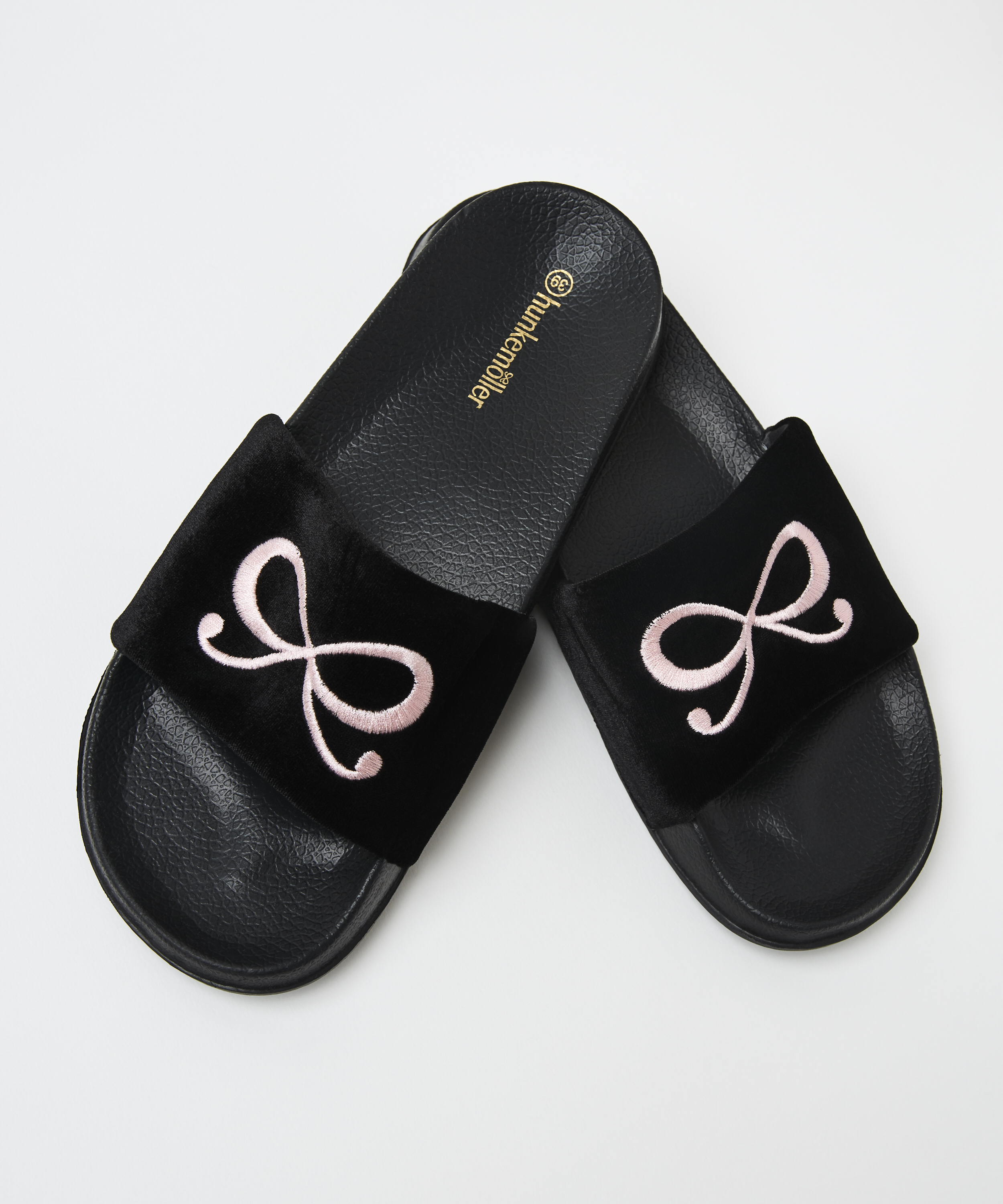 Velvet Bow Slider Slippers, Czarny, main