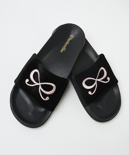Velvet Bow Slider Slippers, Czarny