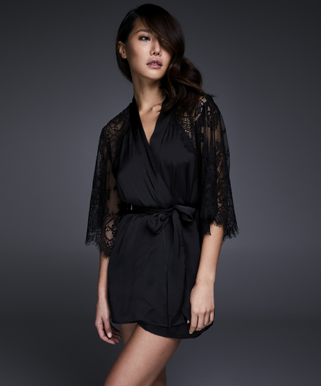 Satin Lace Flared Kimono, Czarny