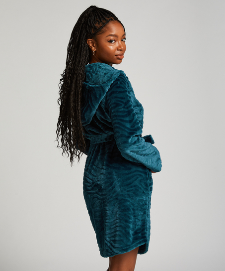 Kr&oacute;tki szlafrok z prążkowanego polaru, Niebieski