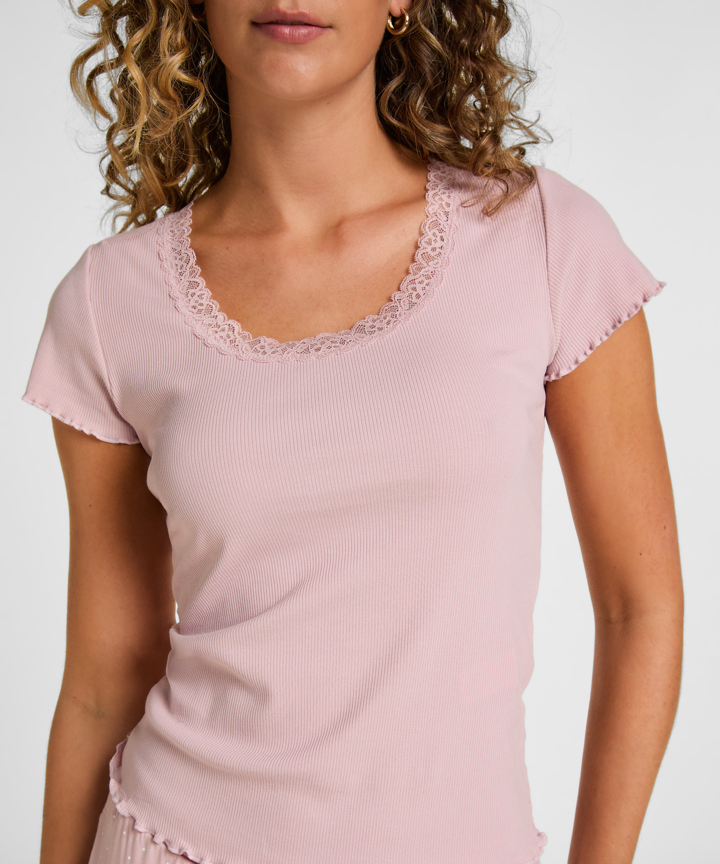 Top Piżamowy Jersey Rib z Koronką, R&oacute;żowy, main