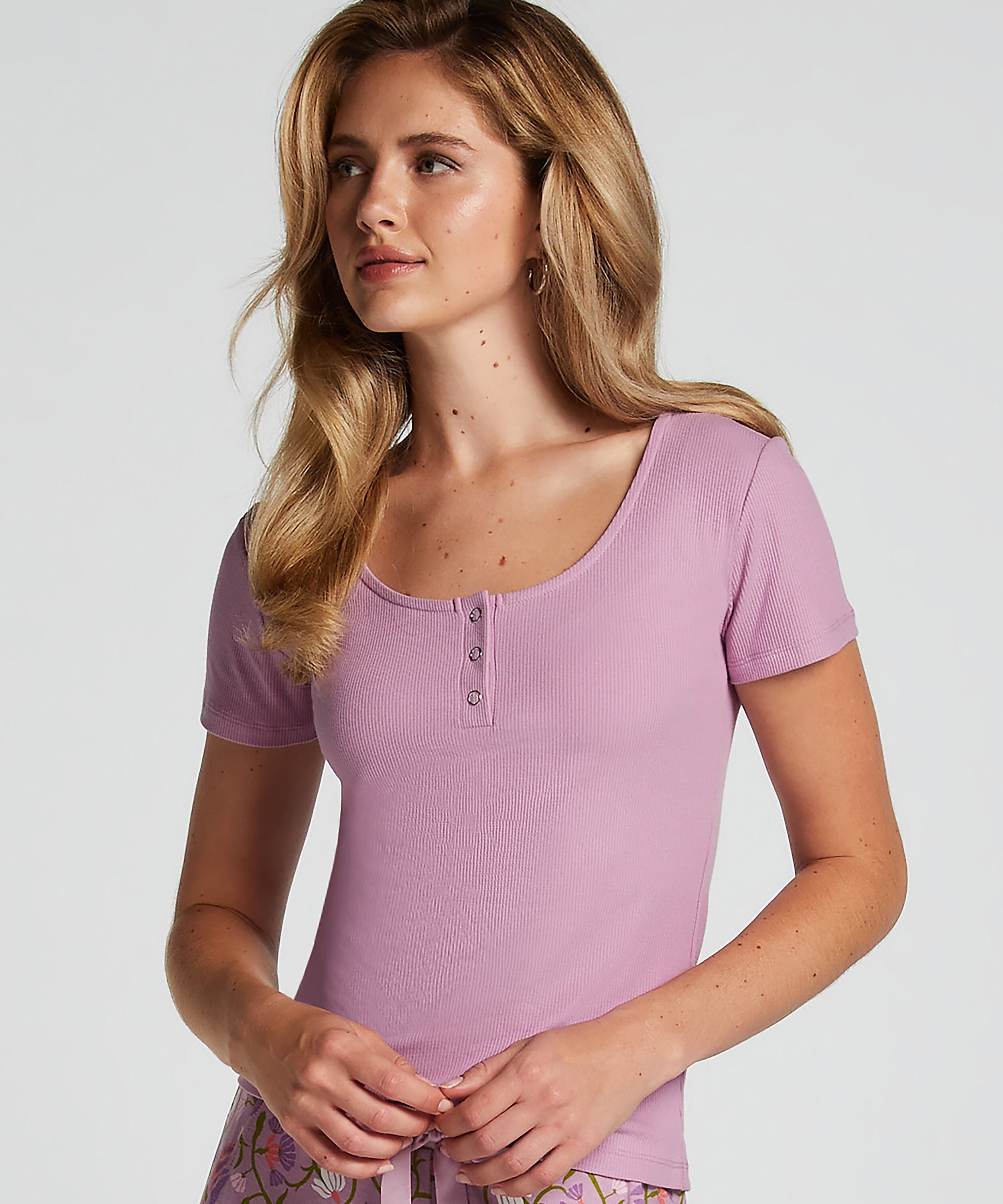Top od piżamy z kr&oacute;tkimi rękawami Henley, Fioletowy