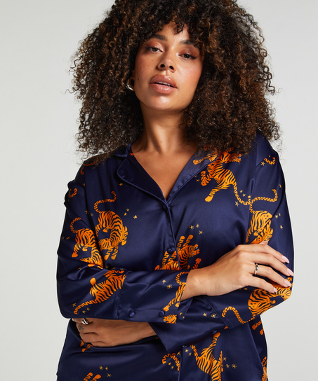 Kurtka z satyny z długimi rękawami, Niebieski