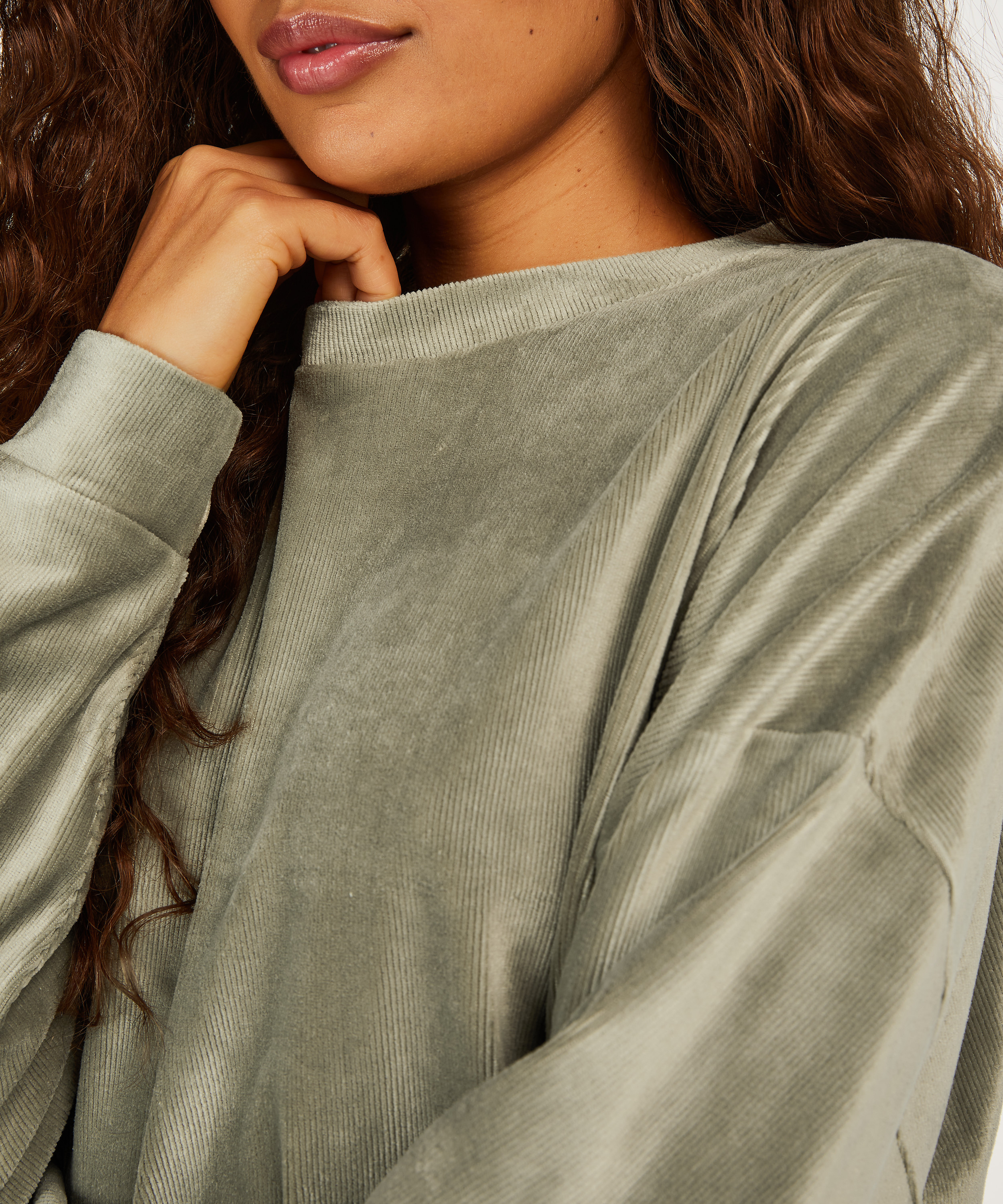 Welurowy top z długim rękawem z prążkowanego materiału, Zielony, main