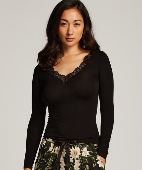 Dżersejowy top od piżamy z długimi rękawami, Czarny