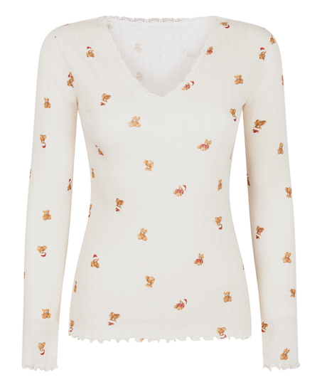 G&oacute;ra od piżamy z długim rękawem Pointelle, Biały