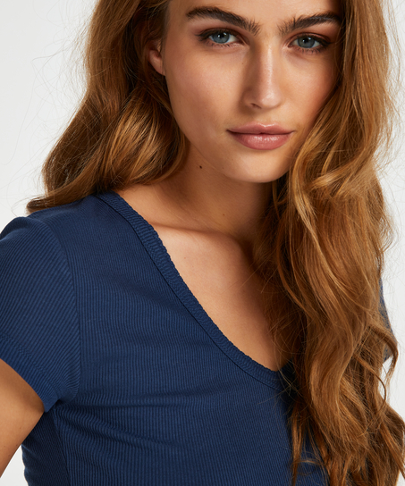 Top od piżamy z prążkowanego materiału z krótkimi rękawami., Niebieski