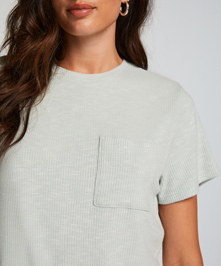 Top z krótkimi rękawami z tkaniny w prążki, Zielony