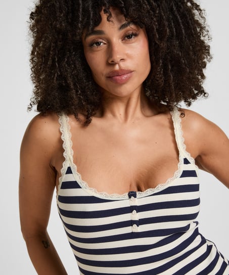 Top z Prążkowanej Dzianiny z Koronką, Niebieski