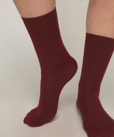 Cashmere Blend Ribbed Socks, Czerwony
