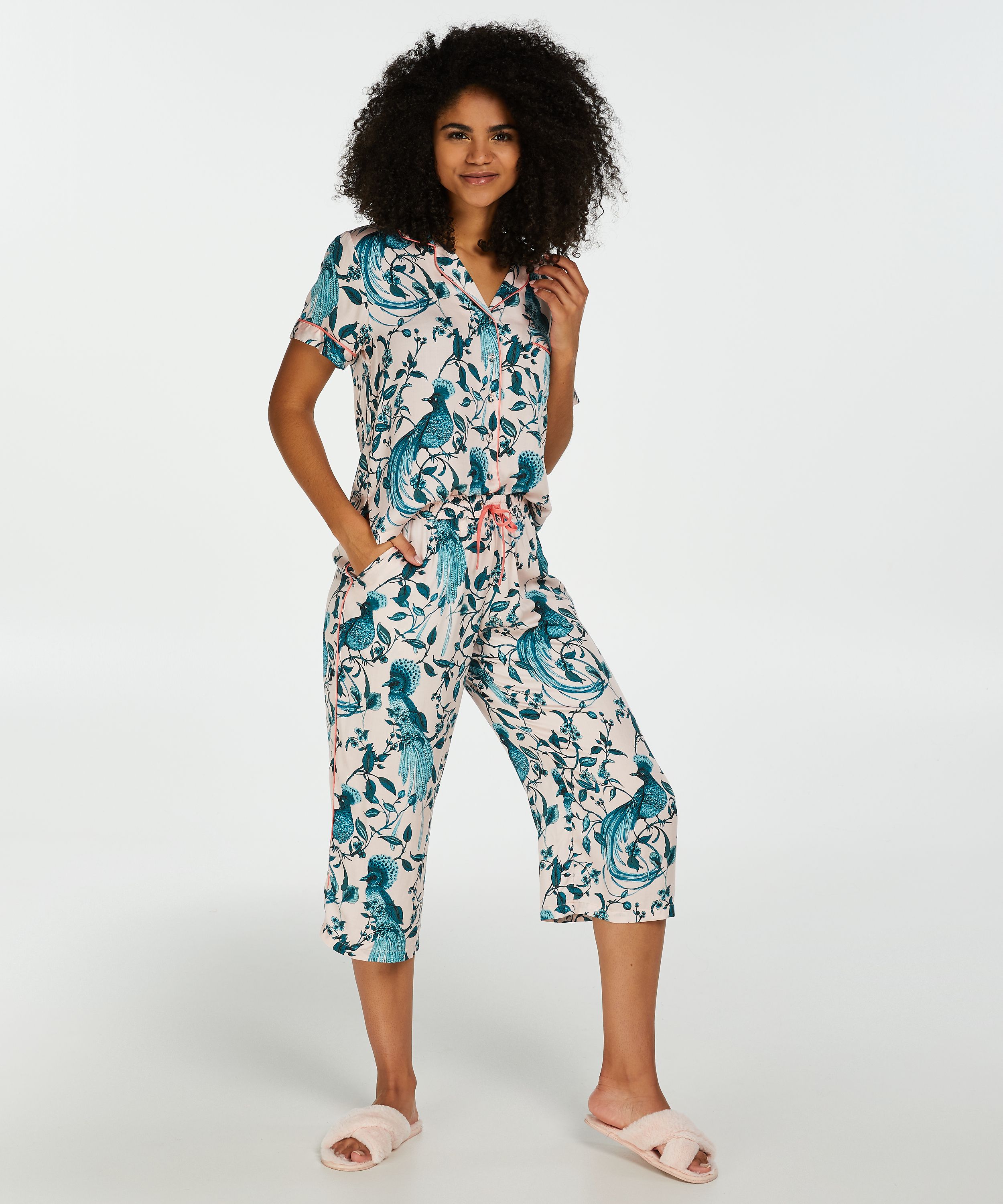 Woven Pyjama Jacket Short Sleeves, Różowy, main