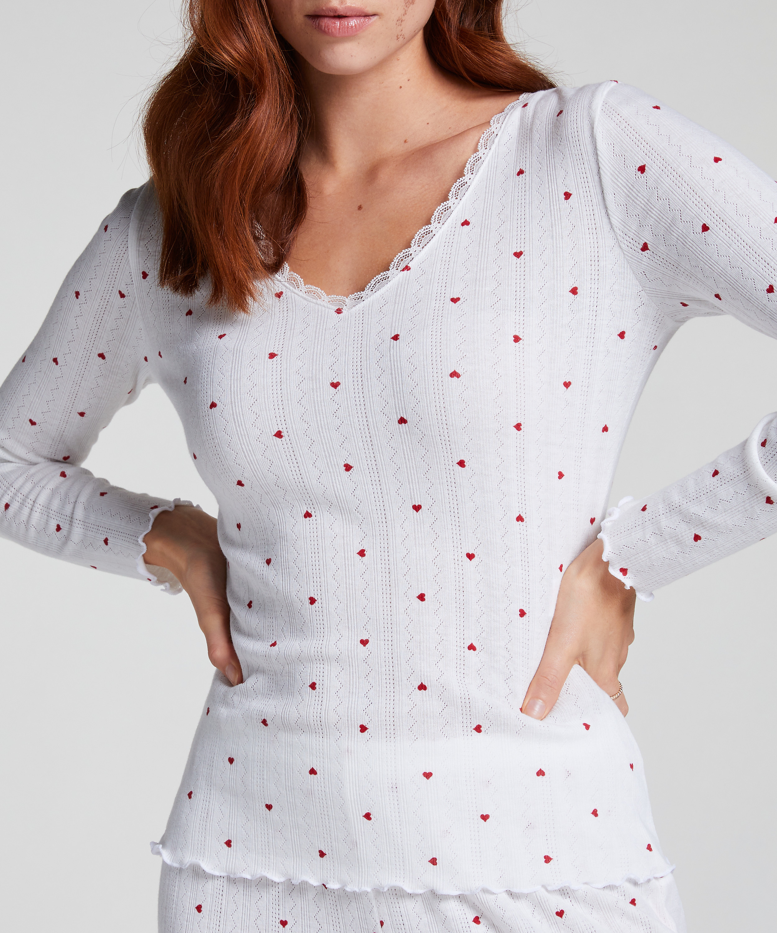 Góra od piżamy z długim rękawem Pointelle, Biały, main