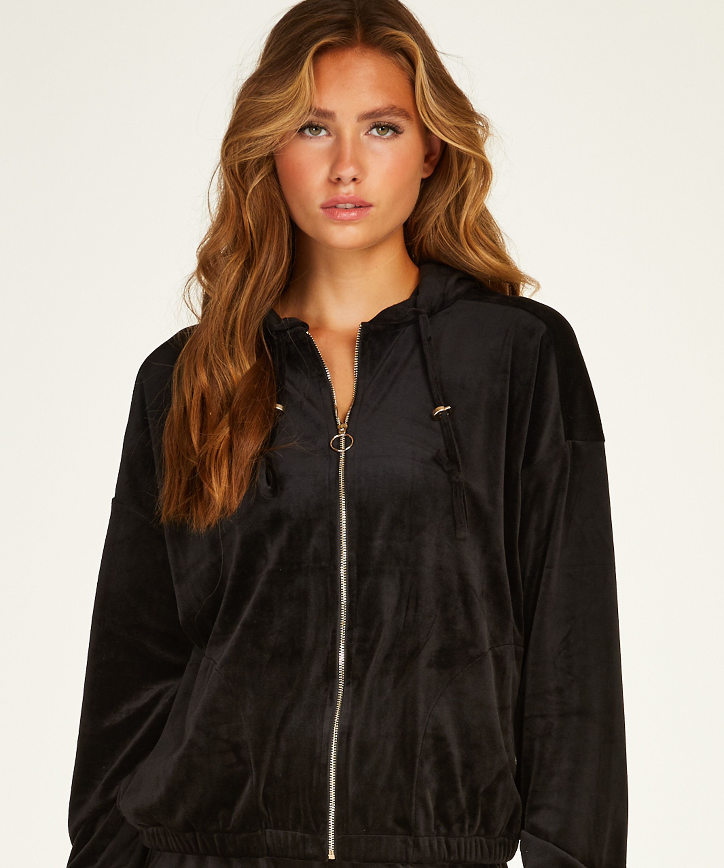 Welurowa bluza z kapturem, Czarny, main