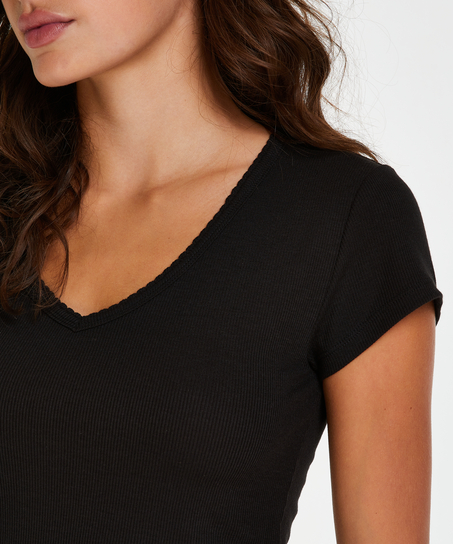 Top od piżamy z prążkowanego materiału z krótkimi rękawami., Czarny