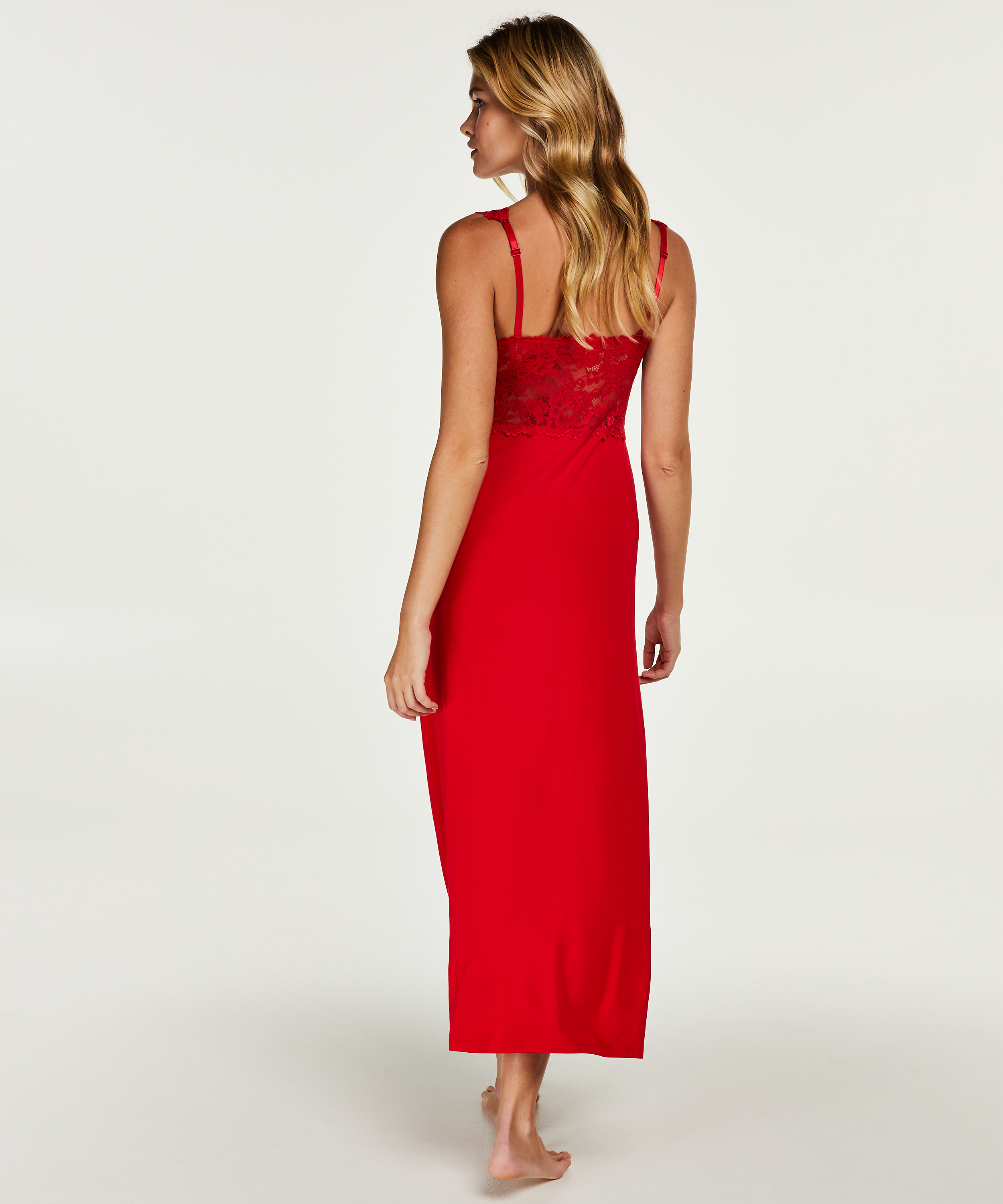 Long slip dress Modal lace, Czerwony, main