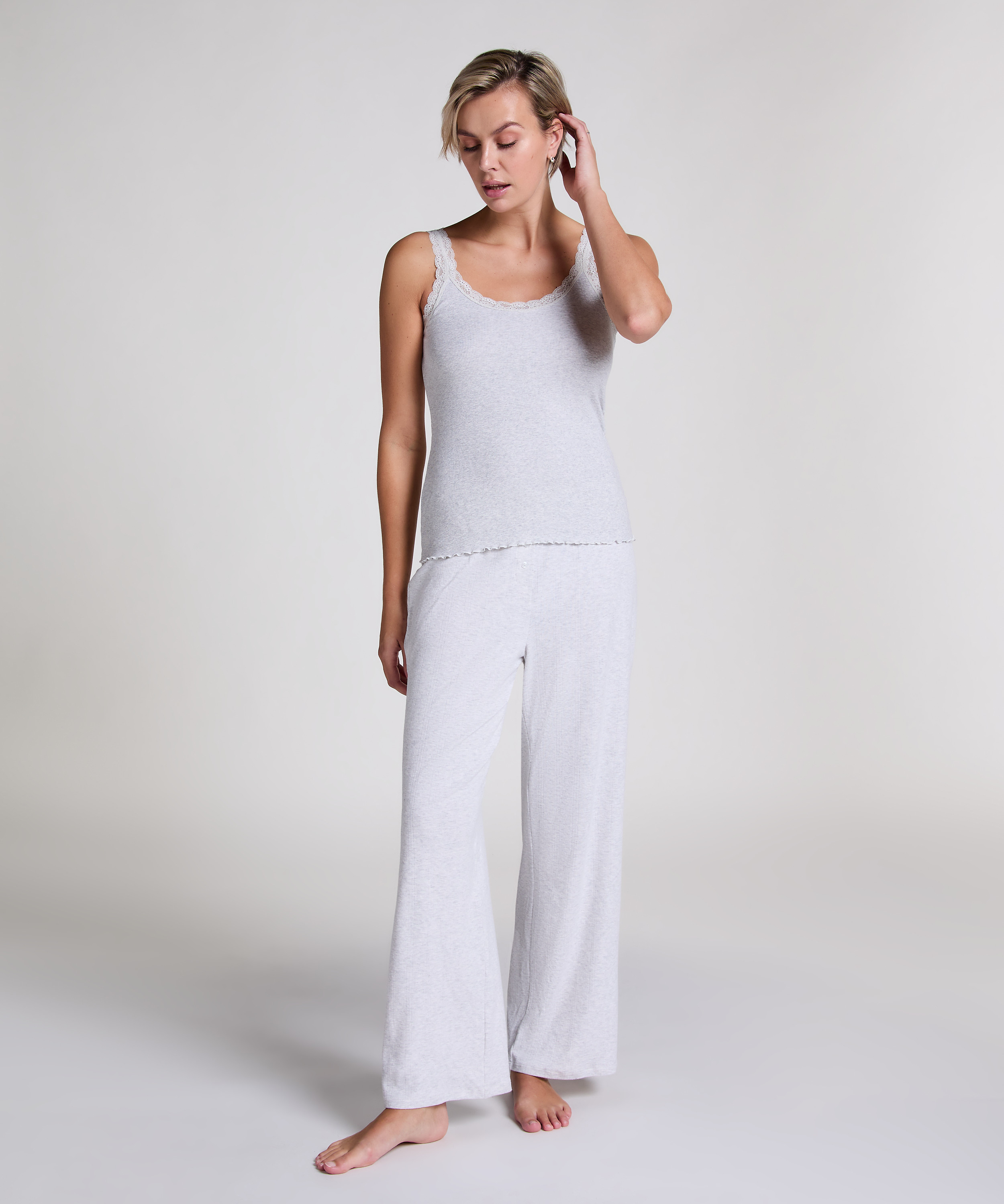 Podkoszulek prążkowany z koronką, Beżowy, main