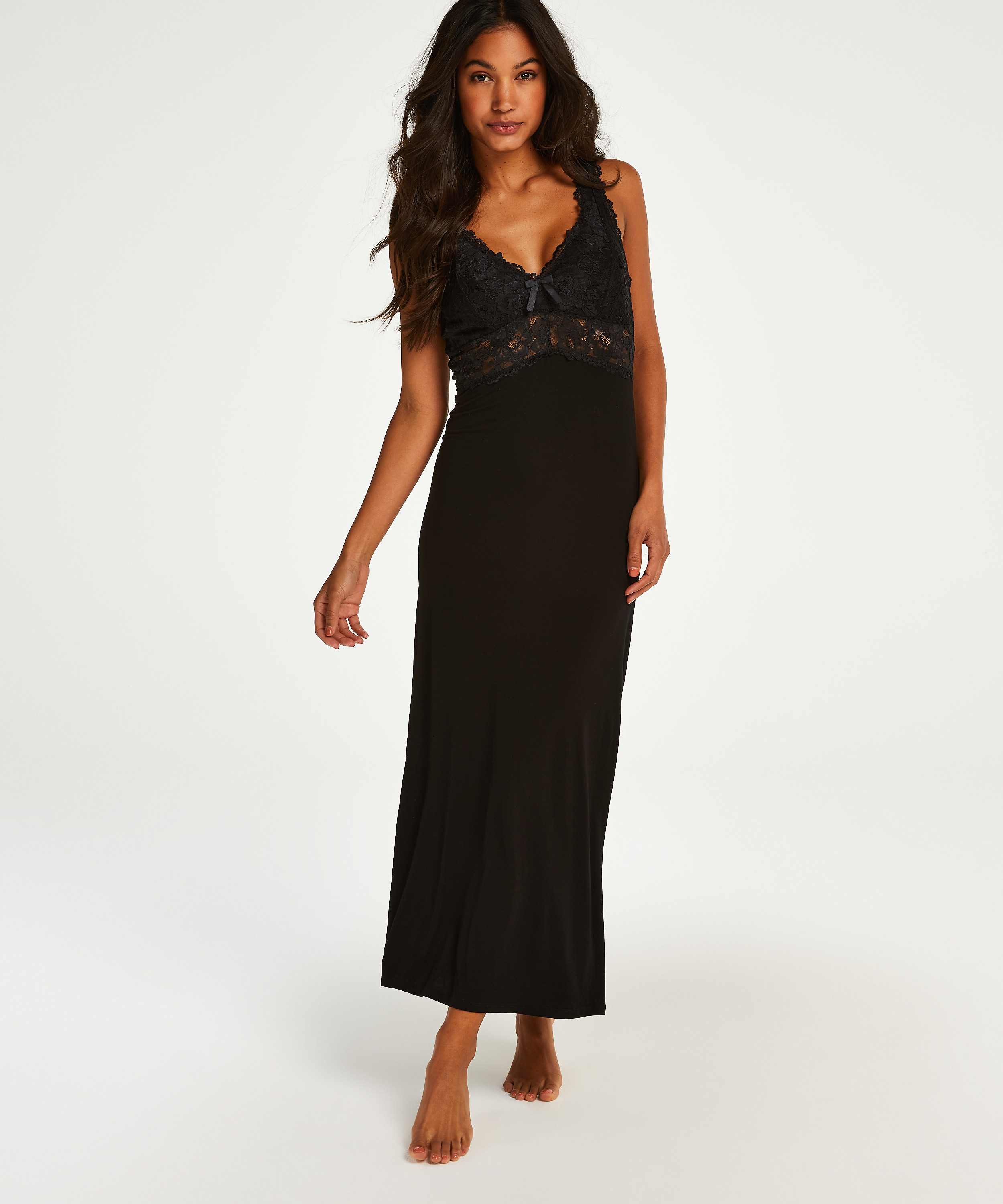 Long slip dress Modal lace, Czarny, main
