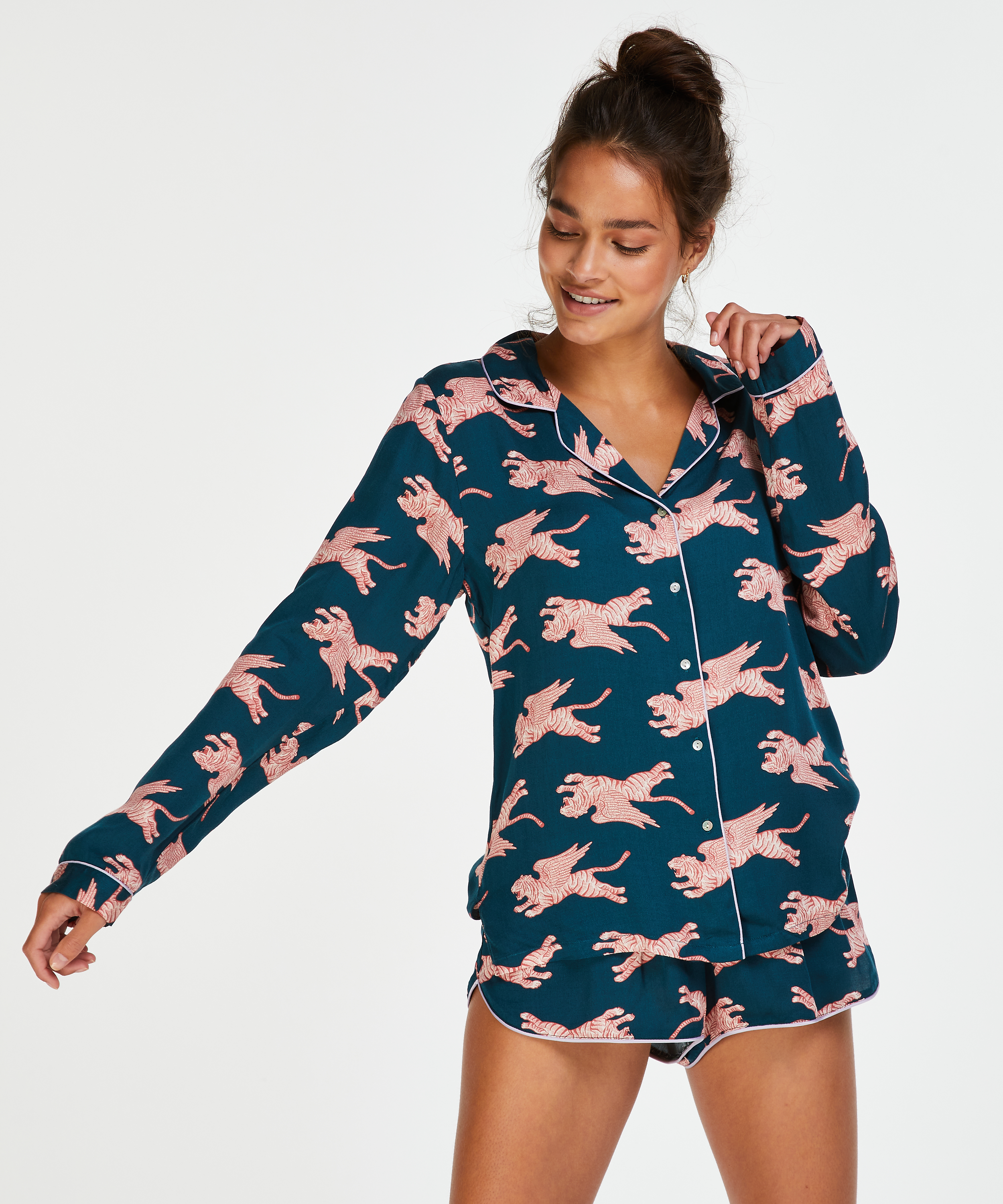 Woven Pyjama Jacket Long Sleeves, Niebieski, main