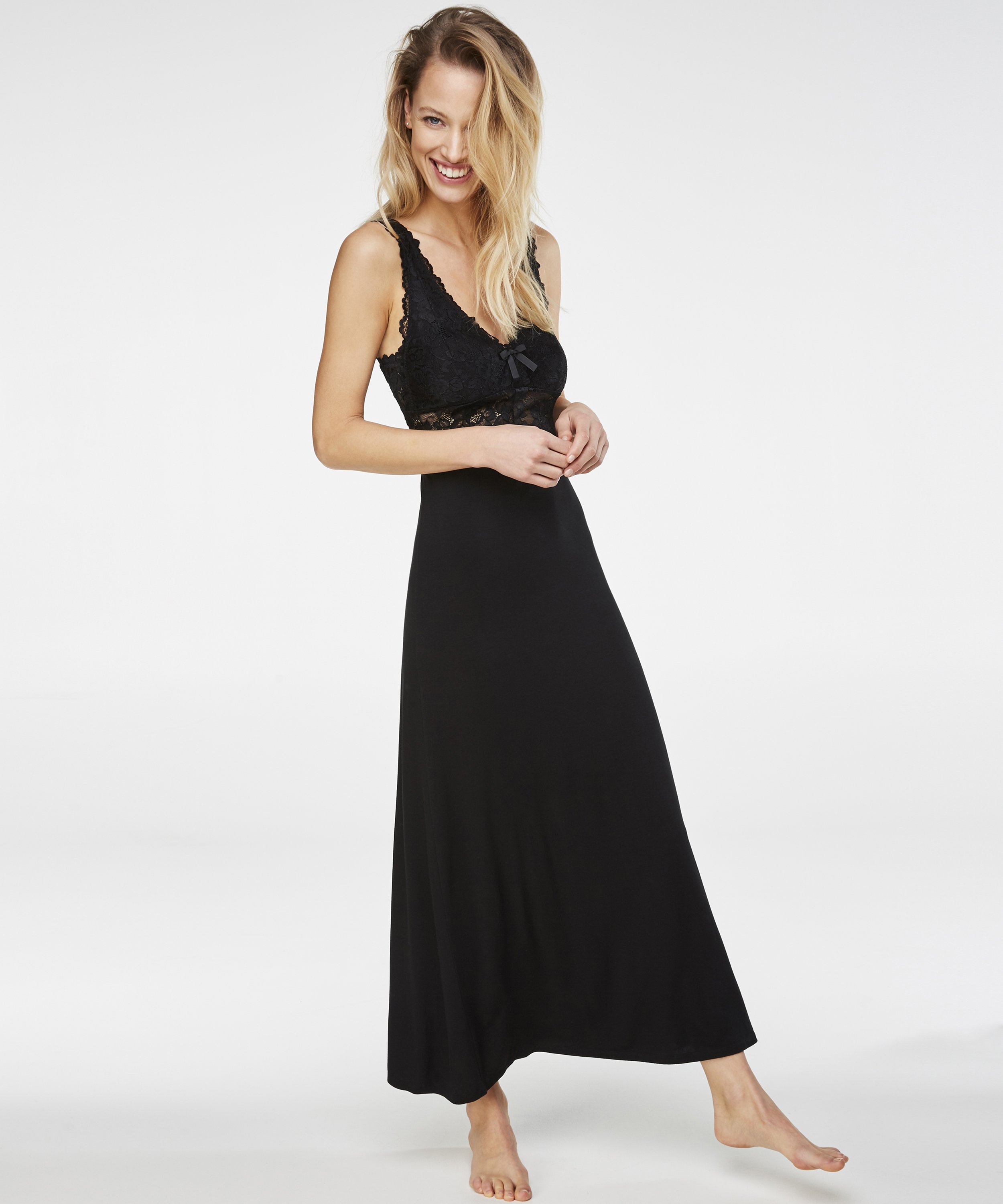 Long slip dress Modal lace, Czarny, main